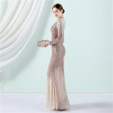 Gradient Sequin Long Sleeve Evening Gown