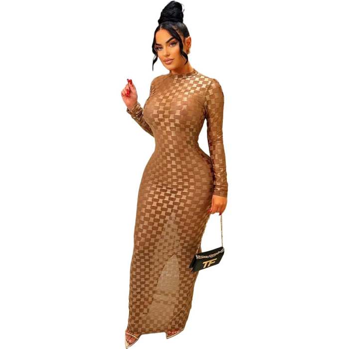 Elegant Western-Style Grid Round Neck Slim Fit Maxi Dress