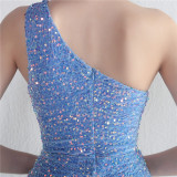 Velvet bottomed Sequin One Shoulder Party Wedding Evening Mermaid Long Evening Dress