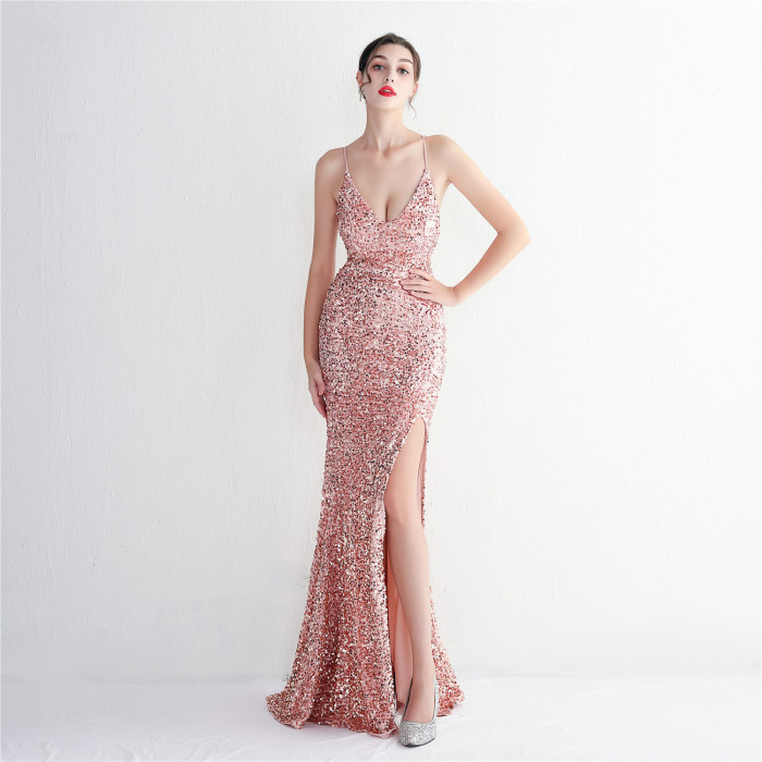 Spaghetti Strap Sequin Evening Gown Stunning Floor-Length Cocktail Dress