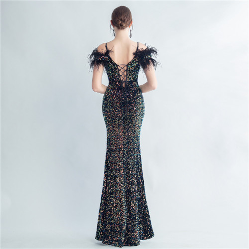 Fish Bone Ostrich Hair Tied Back With Rope Corset Style Velvet Bottom Sequin Evening Dress