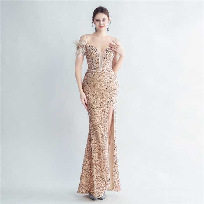 Fish Bone Ostrich Hair Tied Back With Rope Corset Style Velvet Bottom Sequin Evening Dress