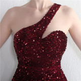 Velvet bottomed Sequin One Shoulder Party Wedding Evening Mermaid Long Evening Dress
