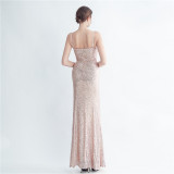 Fashionable Pleated Sequins Floral Forked Evening Dress