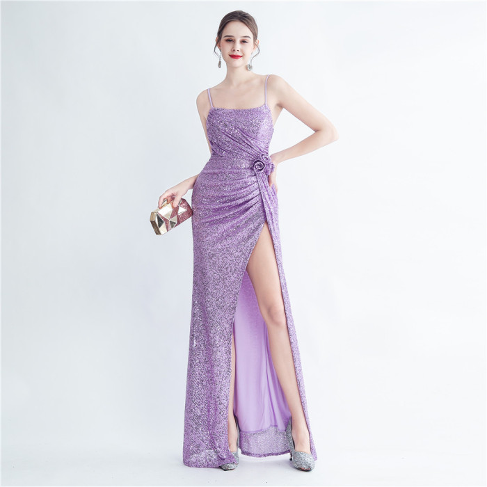 Fashionable Pleated Sequins Floral Forked Evening Dress