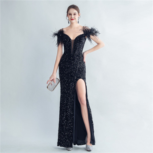 Fish Bone Ostrich Hair Tied Back With Rope Corset Style Velvet Bottom Sequin Evening Dress