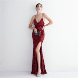 Spaghetti Strap Sequin Evening Gown Stunning Floor-Length Cocktail Dress