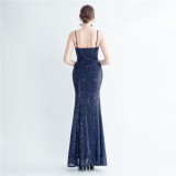 Fashionable Pleated Sequins Floral Forked Evening Dress