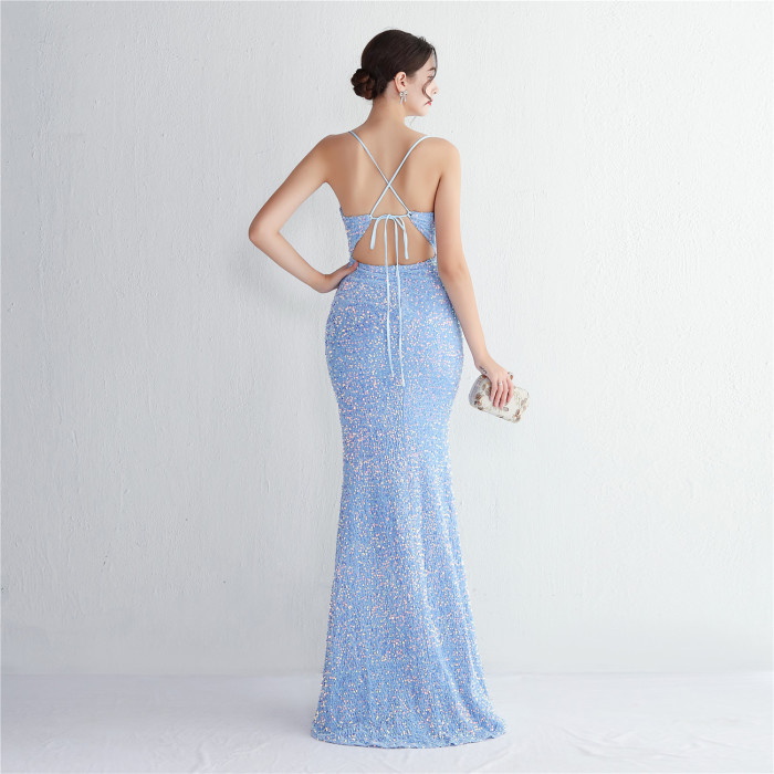 Spaghetti Strap Sequin Evening Gown Stunning Floor-Length Cocktail Dress