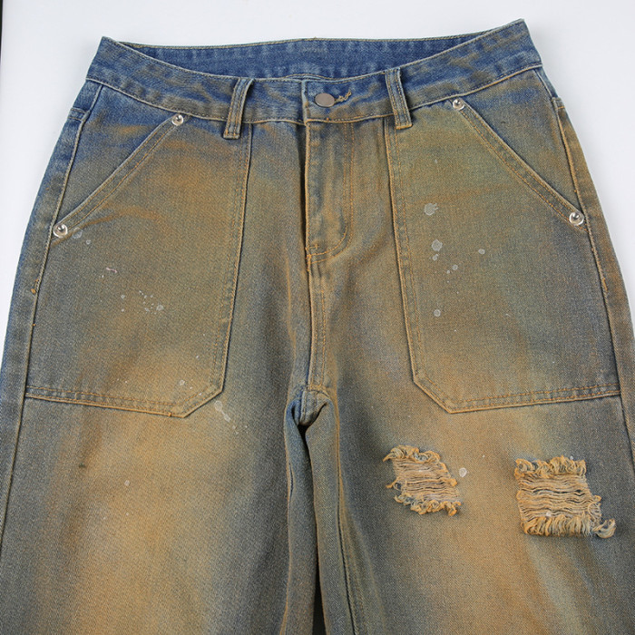 Vintage High-Waisted Zipper Washed Out Distressed Denim Jeans