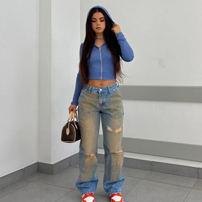 Vintage High-Waisted Zipper Washed Out Distressed Denim Jeans