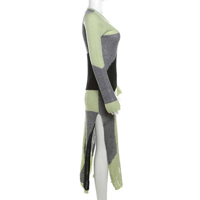 Sensual Long-Sleeve Knit Round Neck High-Waisted Bodycon Maxi Dress