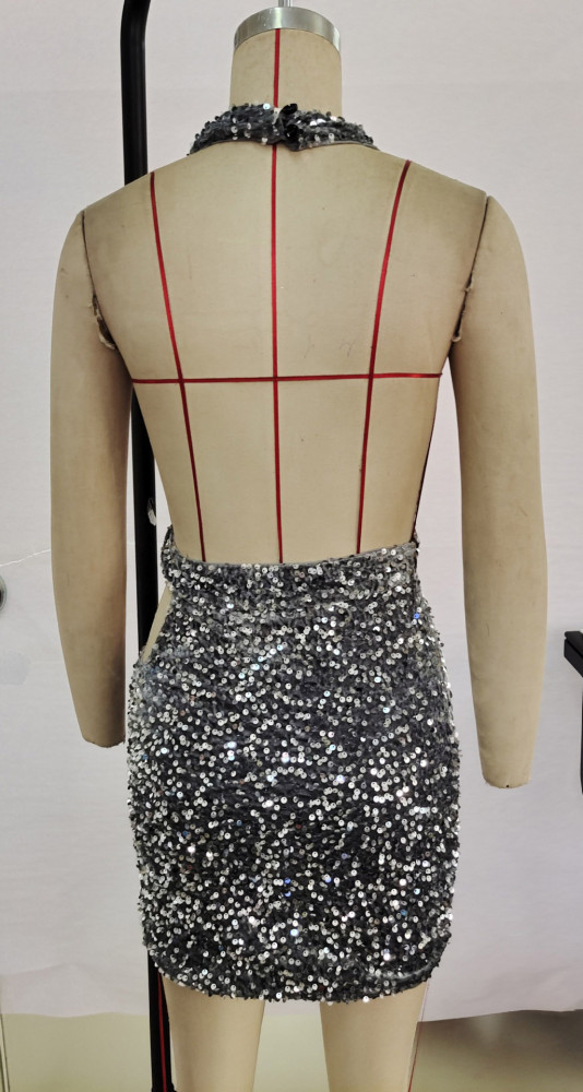 Seductive Backless V-Neck Luminous Sequin Bodycon Dress
