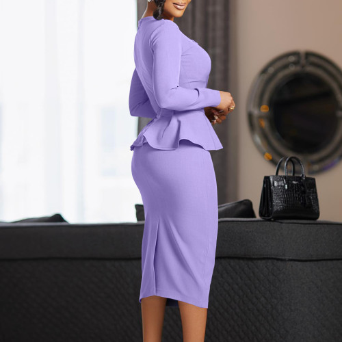 Elegant Ruffle Hem Long Sleeve OL Dress