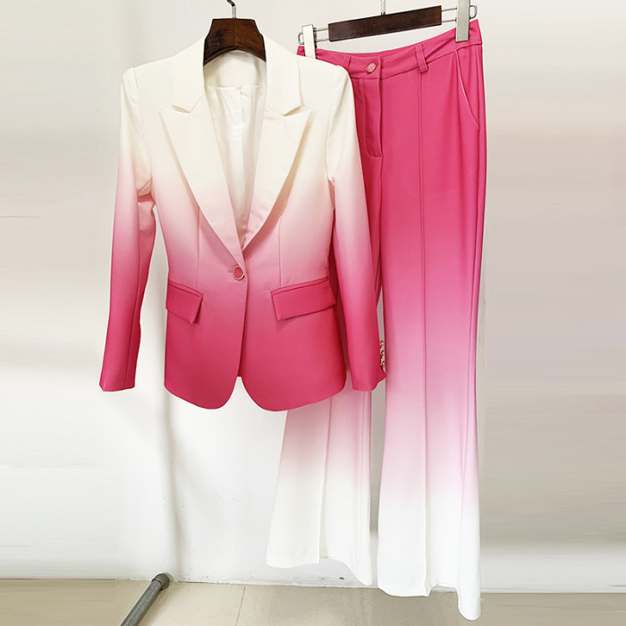 Elegant Gradient Color Tailored Suit with Flared Trousers Set