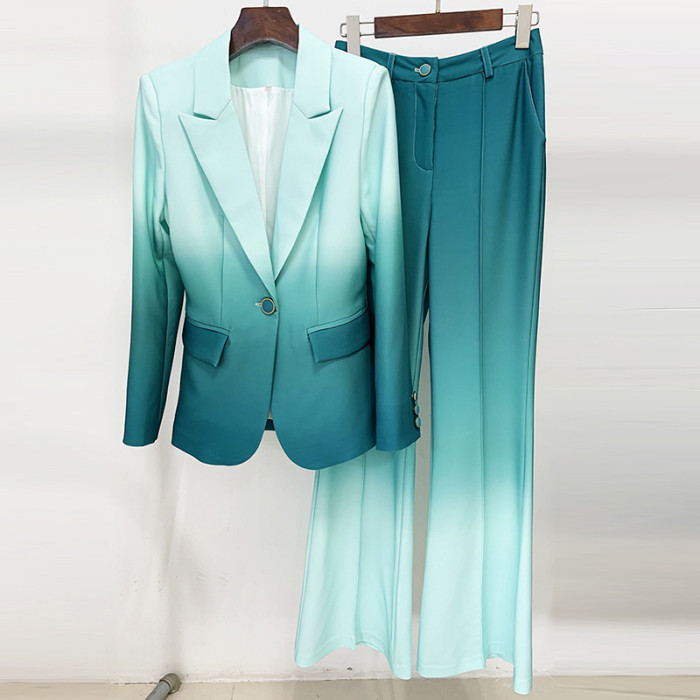Elegant Gradient Color Tailored Suit with Flared Trousers Set