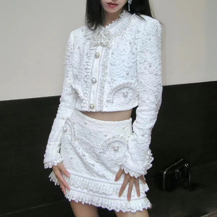 Pearl Beaded Lace Embroidered White Short Jacket and Skirt Set