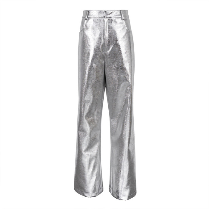 High Waist Silver Fashionable Scale Pattern PU Leather Pants for Women