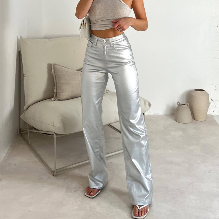 Trendy Reflective PU Leather Pants for Women