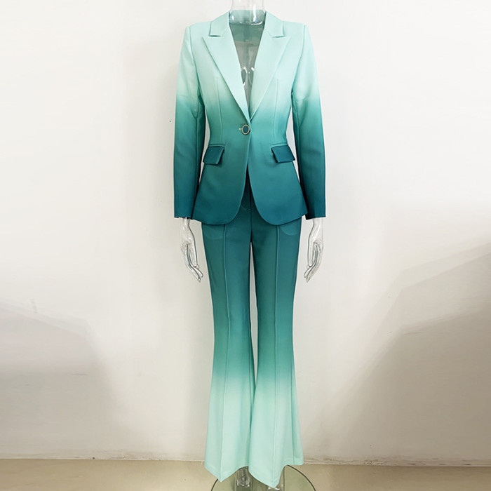 Elegant Gradient Color Tailored Suit with Flared Trousers Set