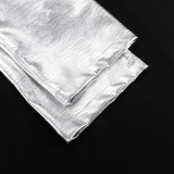 High Waist Silver Fashionable Scale Pattern PU Leather Pants for Women