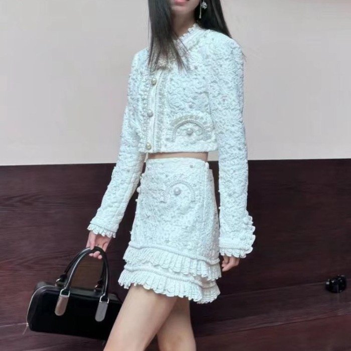 Pearl Beaded Lace Embroidered White Short Jacket and Skirt Set