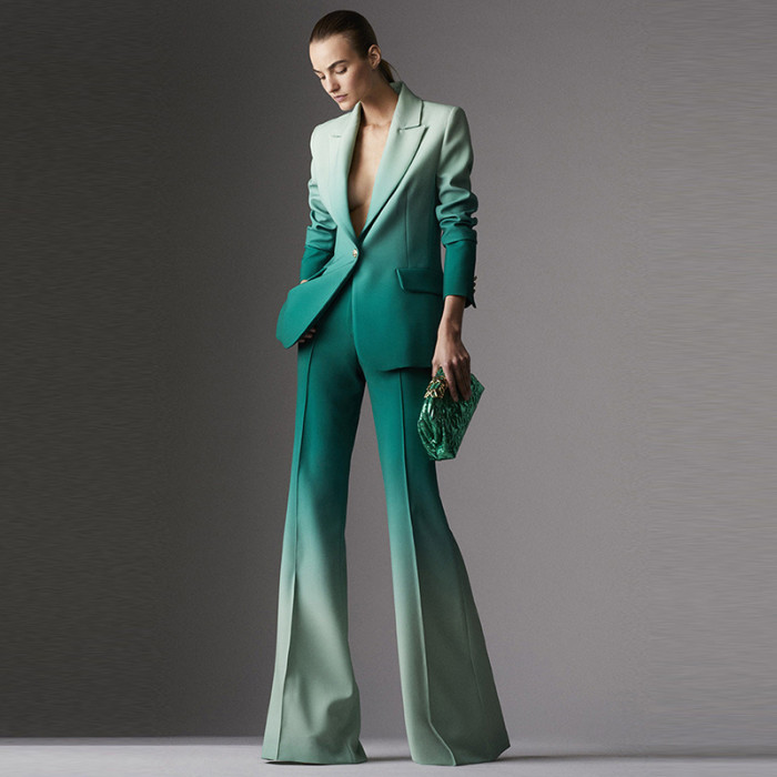 Elegant Gradient Color Tailored Suit with Flared Trousers Set