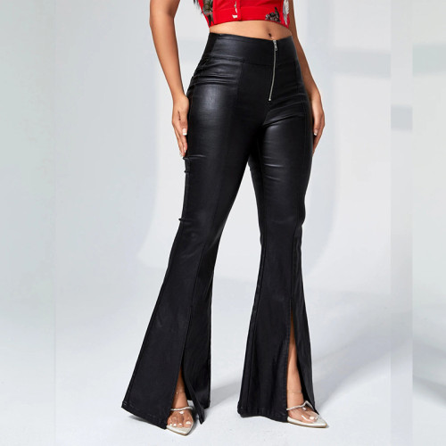Women's Casual PU Leather Split Pants