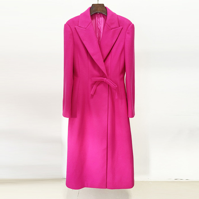 Chic Slim-fit Long Woolen Coat with Butterfly Knot