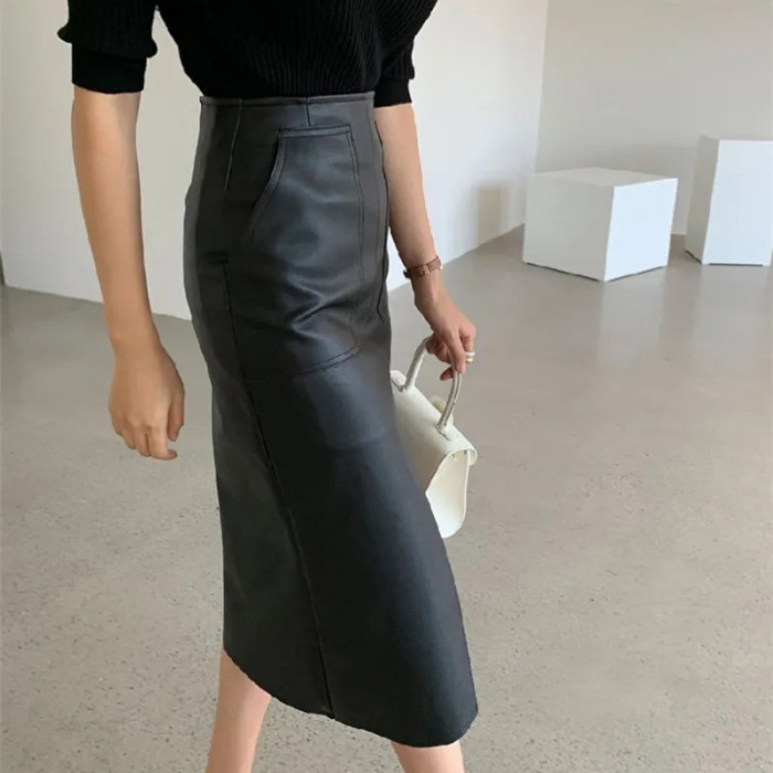 hoov's European-style Split Hem Leather Skirt for Women