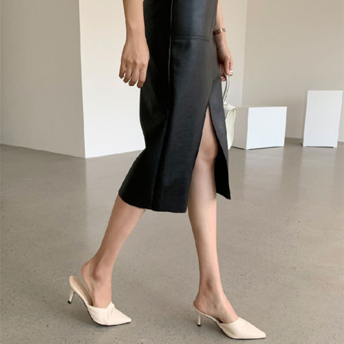 hoov's European-style Split Hem Leather Skirt for Women