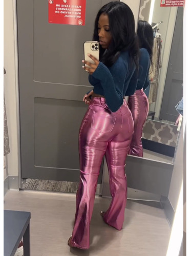 Women's Shimmering Metallic Mini Horn Leisure Leather Pants