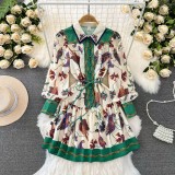 Lantern Long Sleeve Turn-down Collar A-Line Ruffle Waist Slimming Floral Print Dress