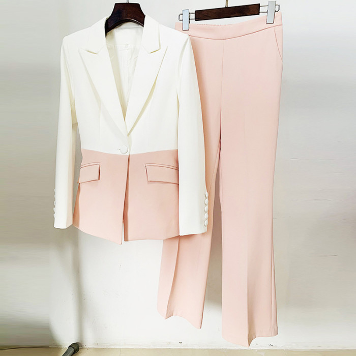 Chic Single Button jacket Color-Block and Long Pants Suit Set