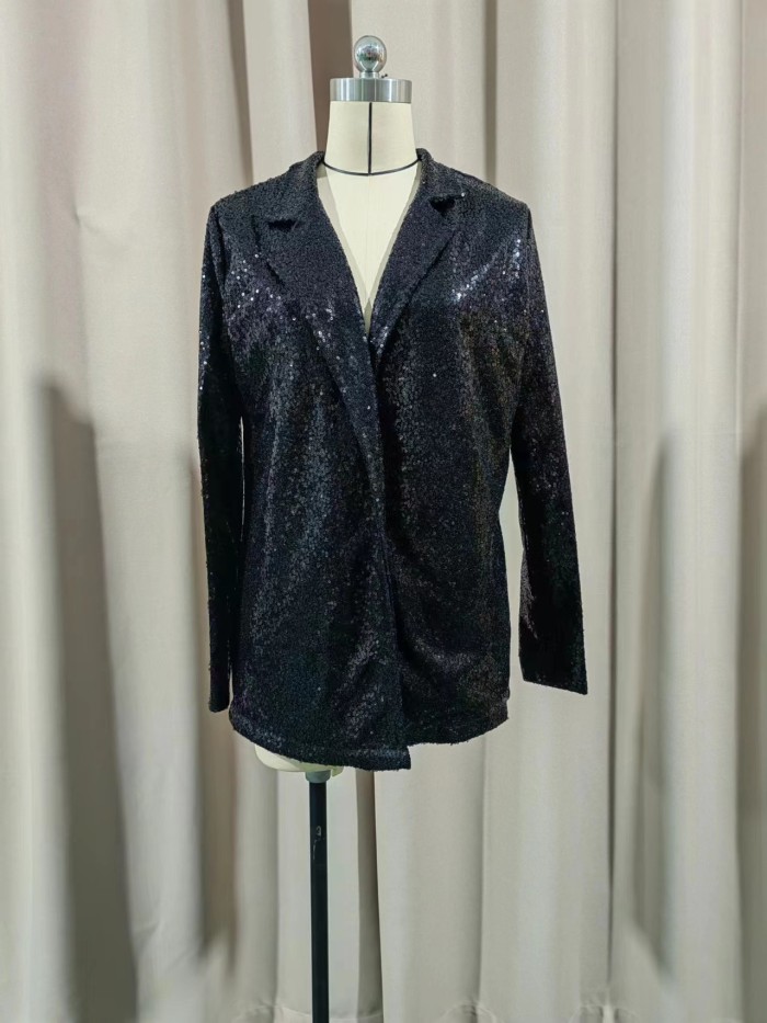 Ihoov Turn-down Collar Sparkling Sequin Casual single buckle jacket women's