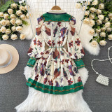Lantern Long Sleeve Turn-down Collar A-Line Ruffle Waist Slimming Floral Print Dress