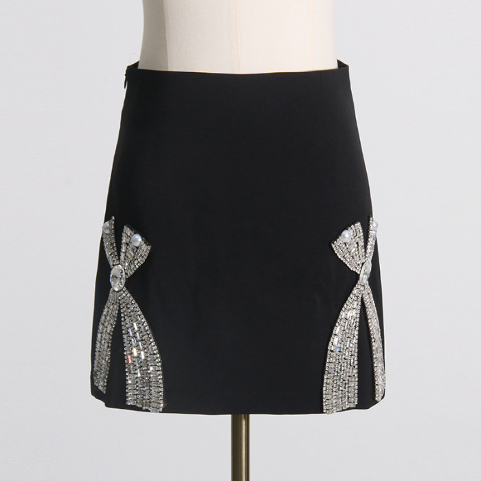 Diamond Bow Embellishment Suit Short Buttocks Wrapped Skirt Women's Two-piece Set
