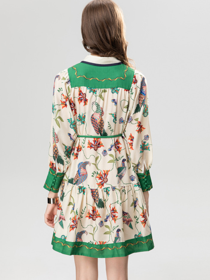 Lantern Long Sleeve Turn-down Collar A-Line Ruffle Waist Slimming Floral Print Dress