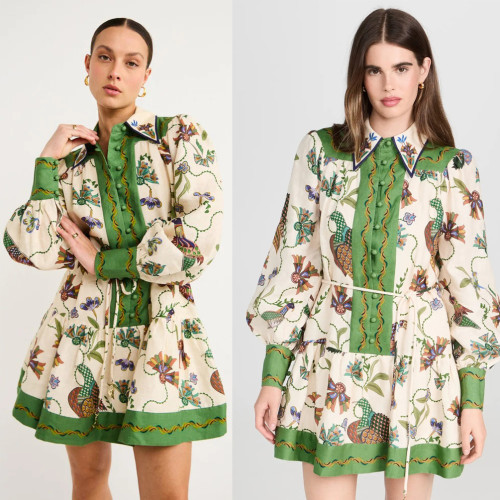 Lantern Long Sleeve Turn-down Collar A-Line Ruffle Waist Slimming Floral Print Dress