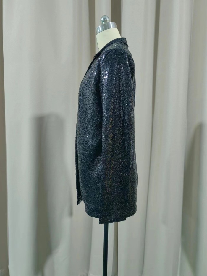 Ihoov Turn-down Collar Sparkling Sequin Casual single buckle jacket women's