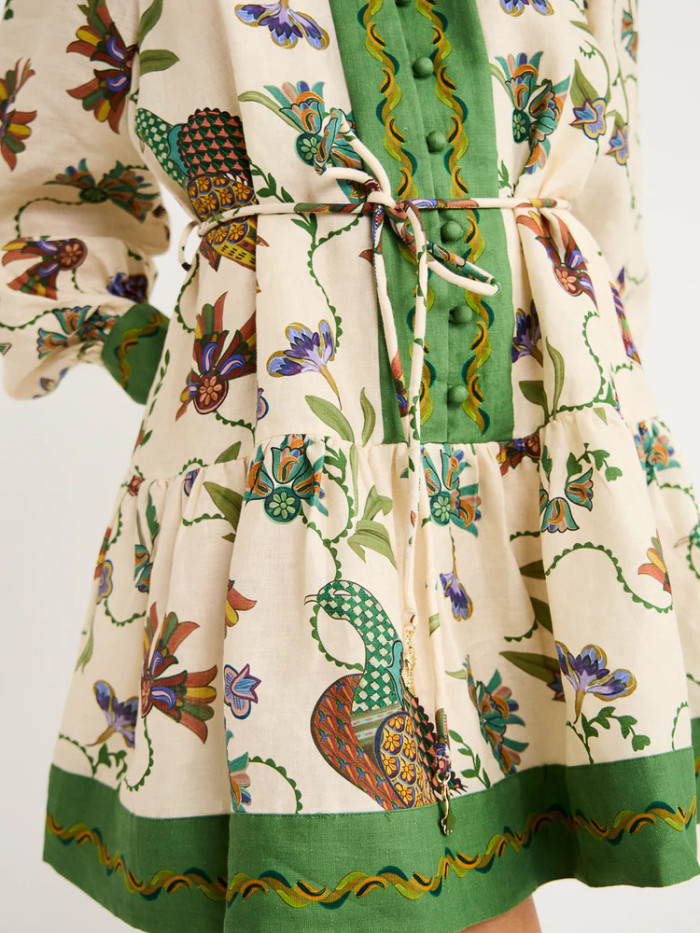 Lantern Long Sleeve Turn-down Collar A-Line Ruffle Waist Slimming Floral Print Dress