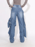 Retro street strap design high waist straight jeans for women