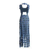 Fashionable and high-end hollow-cut slim-fitting suspender Maxi long denim dress for women