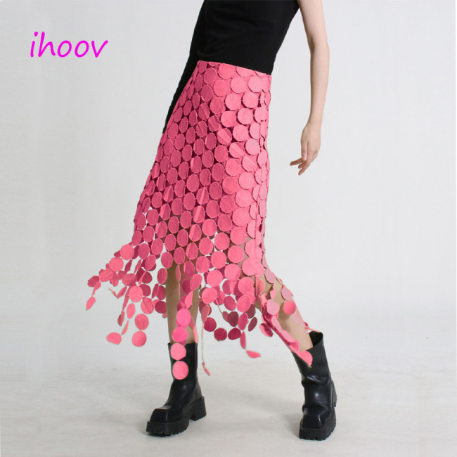 Sweet macaron mid-length skirt with embroidered fringe hem solid color women's skirt