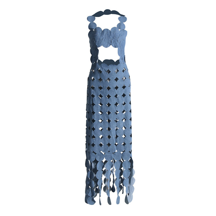 Fashionable and high-end hollow-cut slim-fitting suspender Maxi long denim dress for women