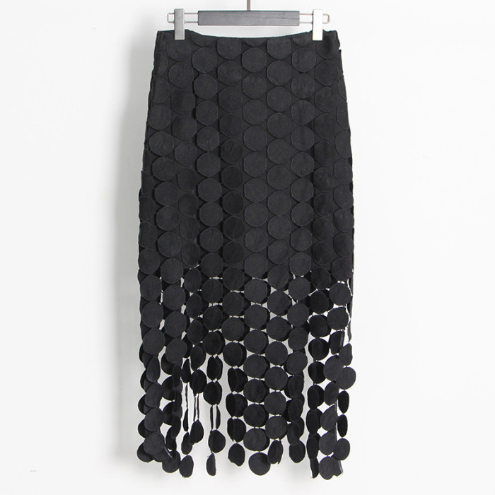 Sweet macaron mid-length skirt with embroidered fringe hem solid color women's skirt
