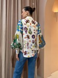 Fashionable Graffiti Print Lantern Sleeve Open Cardigan Shirt