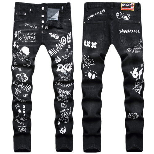 Italian Trendy Black Stretch Ripped Digital Print Button-Front Slim Fit Straight Leg Jeans for Men