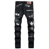 Italian Trendy Black Stretch Ripped Digital Print Button-Front Slim Fit Straight Leg Jeans for Men