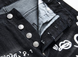 Italian Trendy Black Stretch Ripped Digital Print Button-Front Slim Fit Straight Leg Jeans for Men